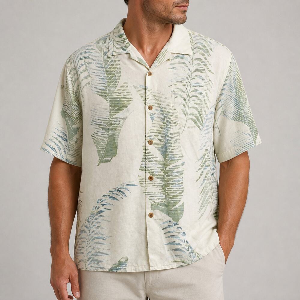 Tommy Bahama Shirt Mens Large Ivory Silk Hawaiian Original Fit Classic Button-Up